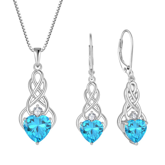 FJ Infinity Celtic Knot Jewelry Set for Women 925 Sterling Silver Aquamarine Necklace and Earrings Set March Birthstone Jewelry Gifts