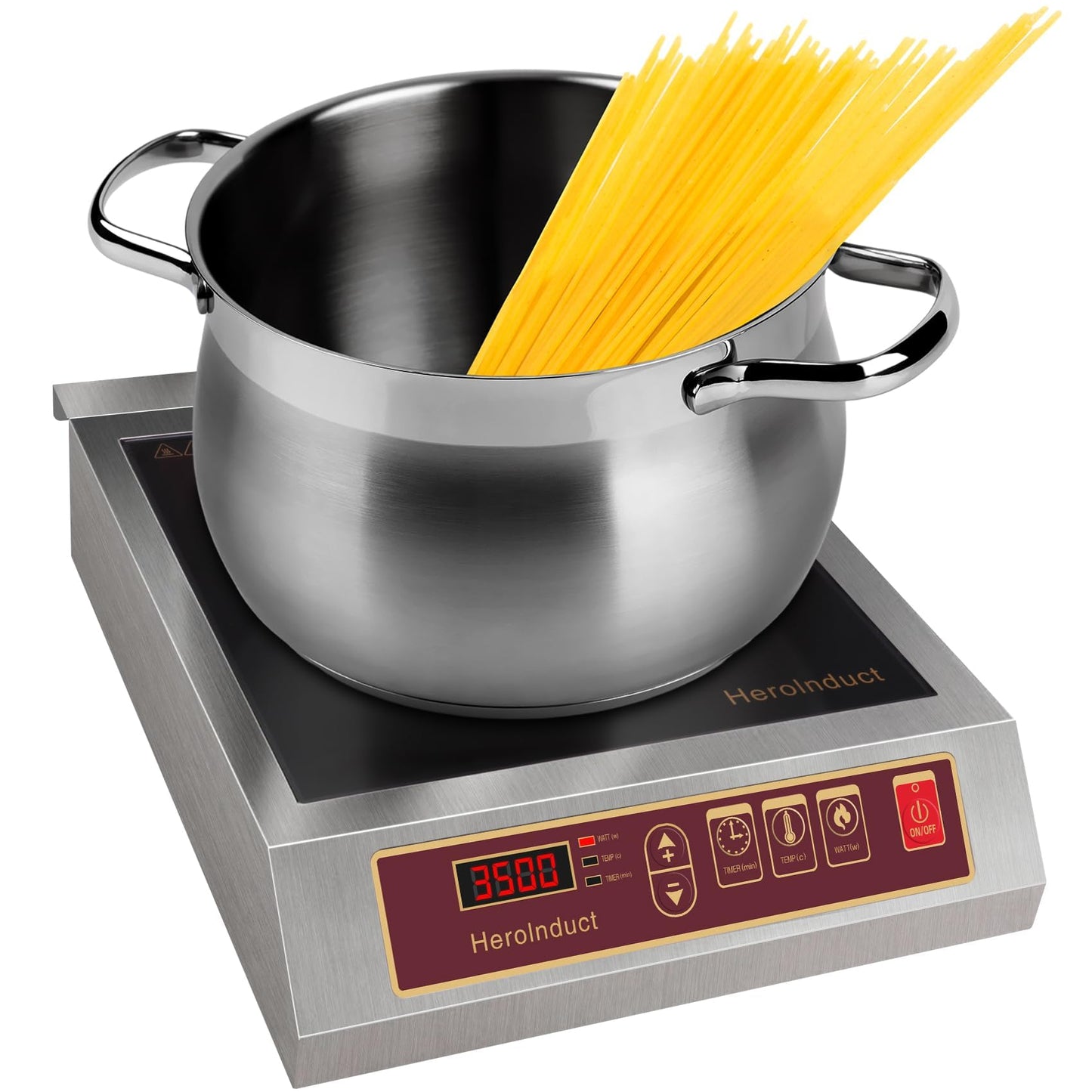 HeroInduct Portable Induction Cooktop 208-240V 3500W Commercial Range Countertop Burner Dual IGBT Modules 8 Heating Level Timer Sensor Push-Button Premium Stainless Steel Housing Ceramic Glass（Red）