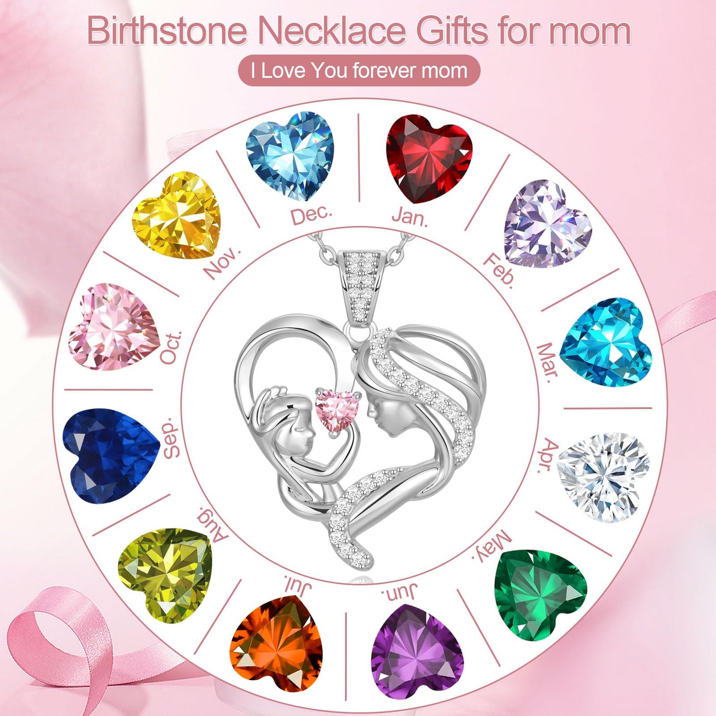 Zifeel Mothers Day Gifts for Mom Wife Her Grandma, S925 Sterling Silver Birthstone Necklaces Jewelry for Women, Mother's Day Love Heart Pendant Necklace for Anniversary Birthday Christmas Day