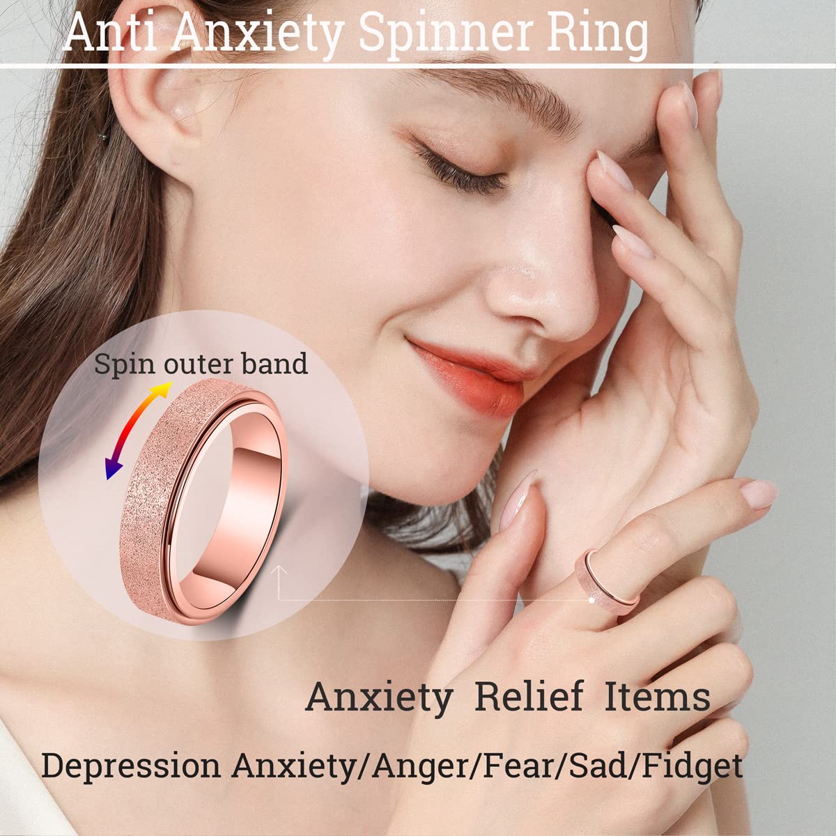 OreilleStar Anxiety Ring for Women Fidget Spinner Ring Fidget Toys Adults Titanium Stainless Steel Thumb Ring Rose Gold Size 9 6mm Wide