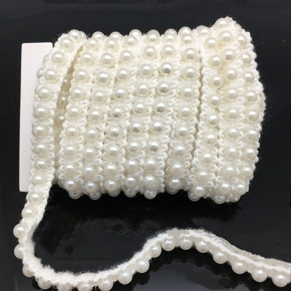 FQTANJU 5 Yards Faux Pearls Lace Ribbon Applique Pearl Fringe for Wedding Party Decoration, Home Deco, Lamp Shade, Costume, Lvory.