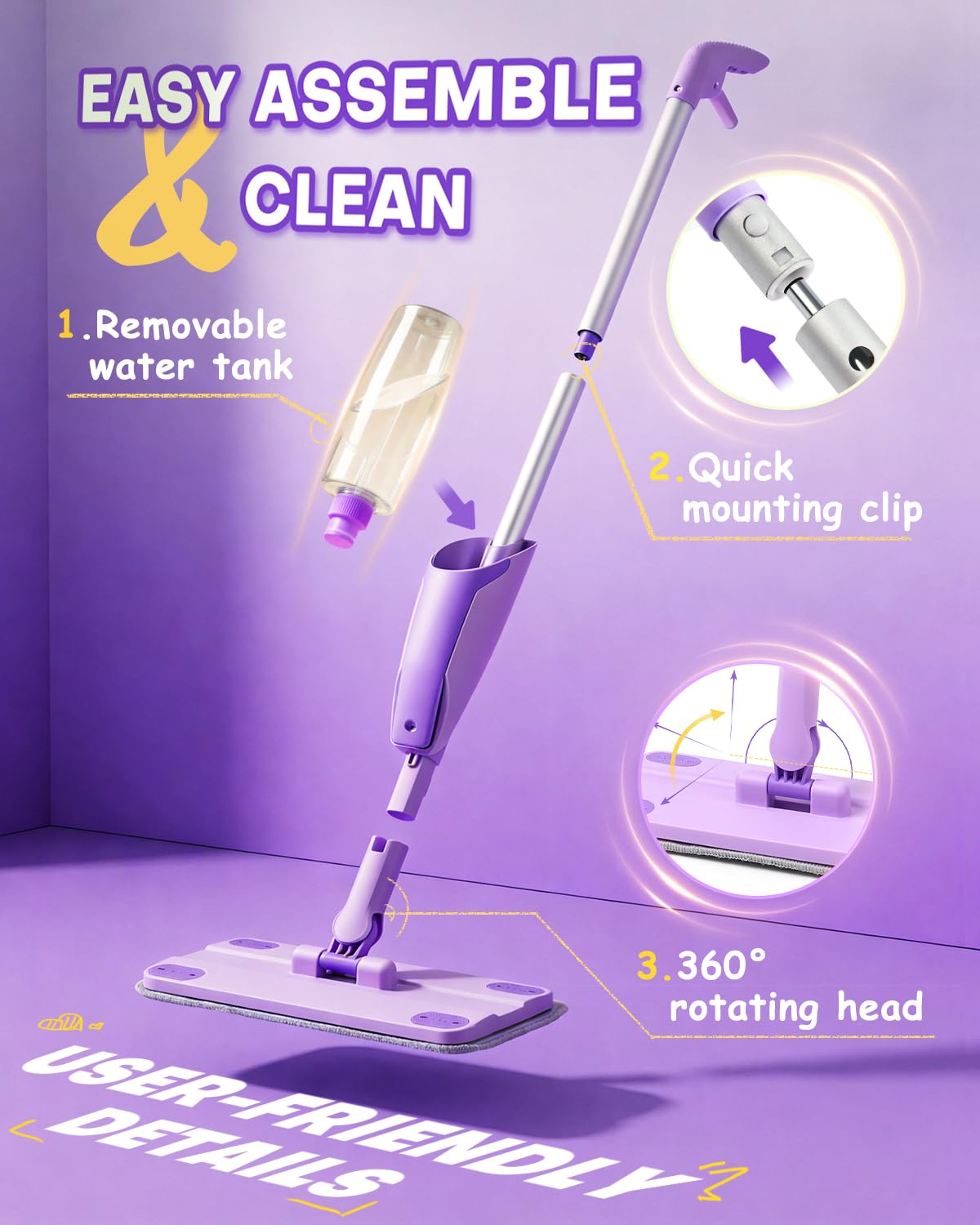 Purple Mini Spray Mop for Toddler-Montessori Cleaning Toy that Real Spray Water,Pretend Playhouse Essentials for Girls Ages 3-8,Toddler Educational Housekeeping Set