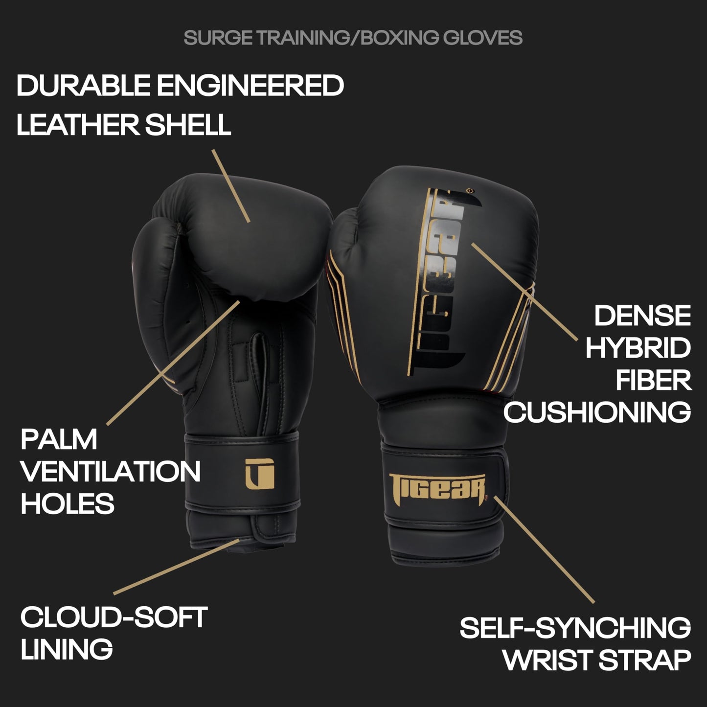 Tigear Surge Pro Boxing Gloves for Men Women & Kids | Engineered Leather Muay Thai Gloves, MMA Gear, Kickboxing Heavy Bag Training and Sparring | Black/Gold (14oz)