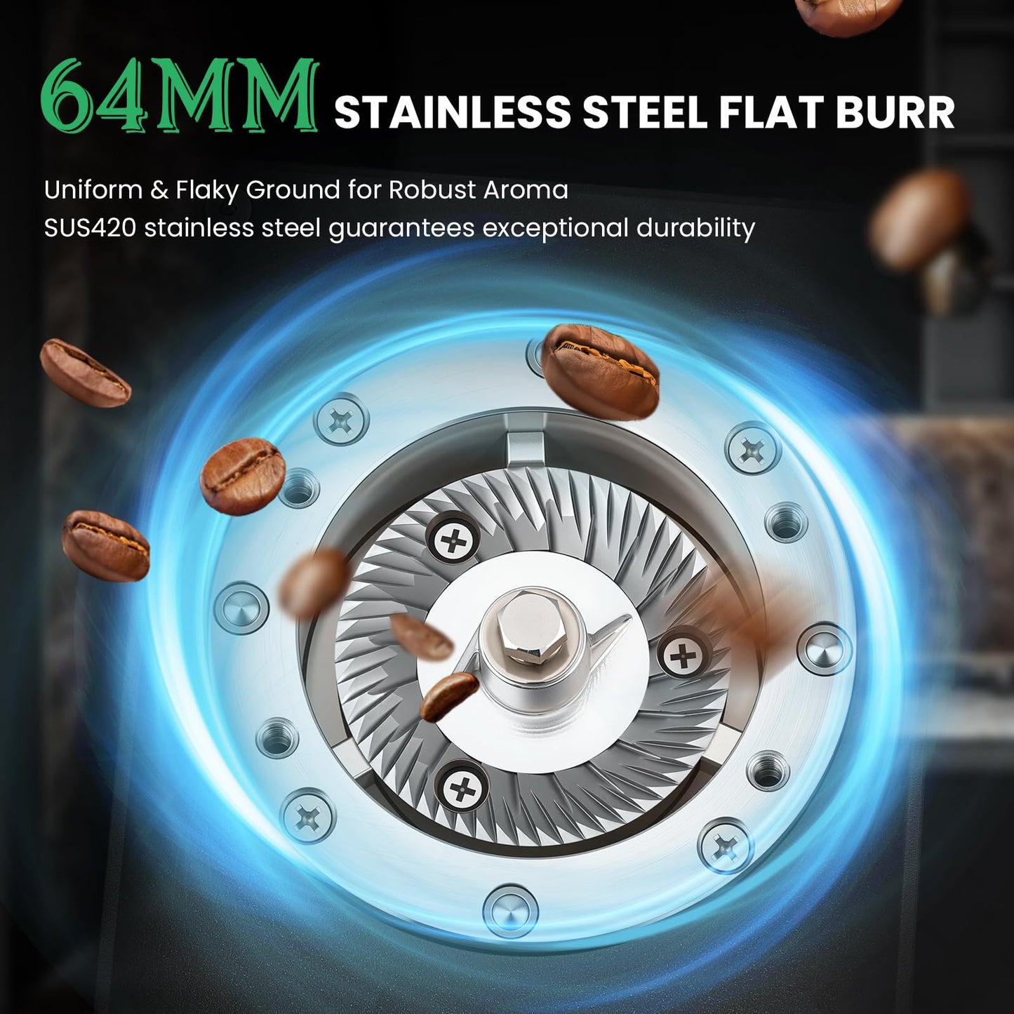 Huanyu Commercial Coffee Grinder with 64mm Flat Burr Anti-Flying Grounds Outlet 26oz Lotus Hopper 8 Stepless Settings Electric Coffee Grinders with Smart Touchscreen for Cafés Restaurants