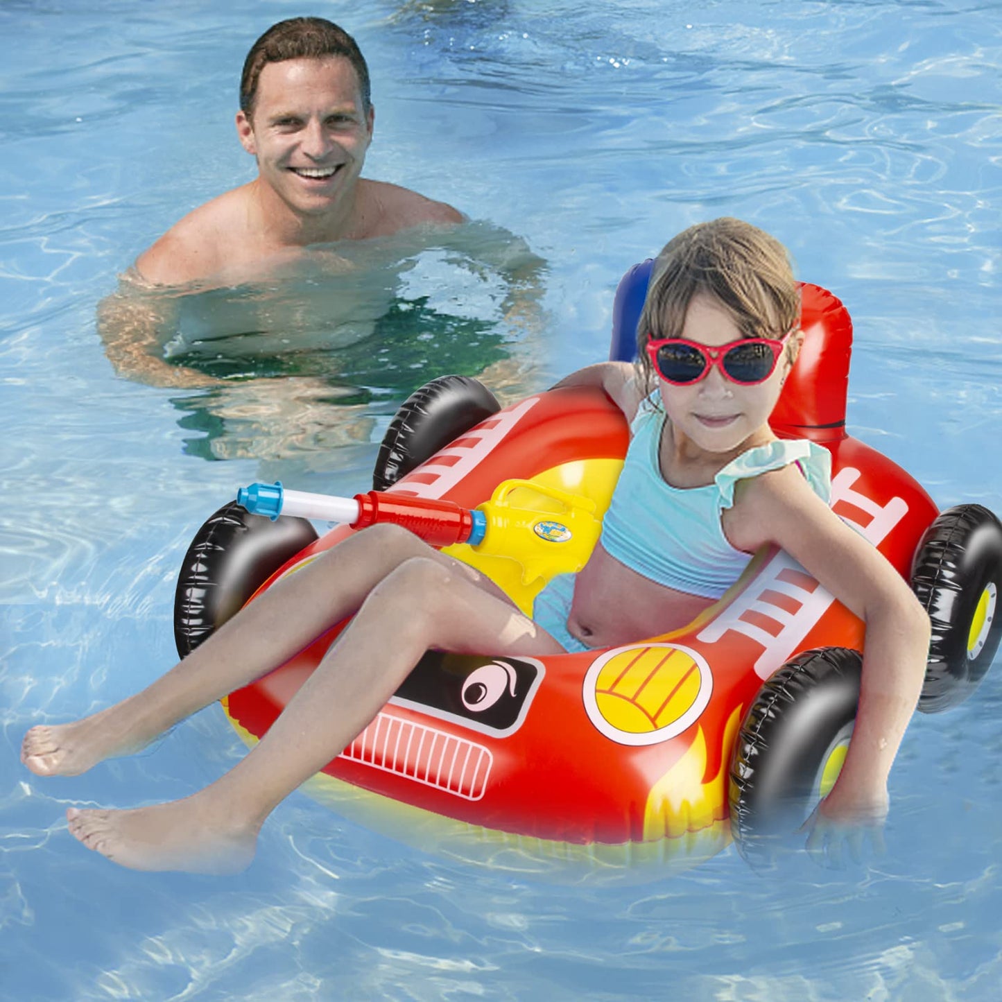 2 Pack Inflatable Kids Pool Floats with Water Gun, Pool Toys for Kids Ages 4-8, Blow Up Toddler Pool Floats, Swimming Pool Game Toys, Fire Truck and Pirate Ship Floaties for Boys Girls and Child