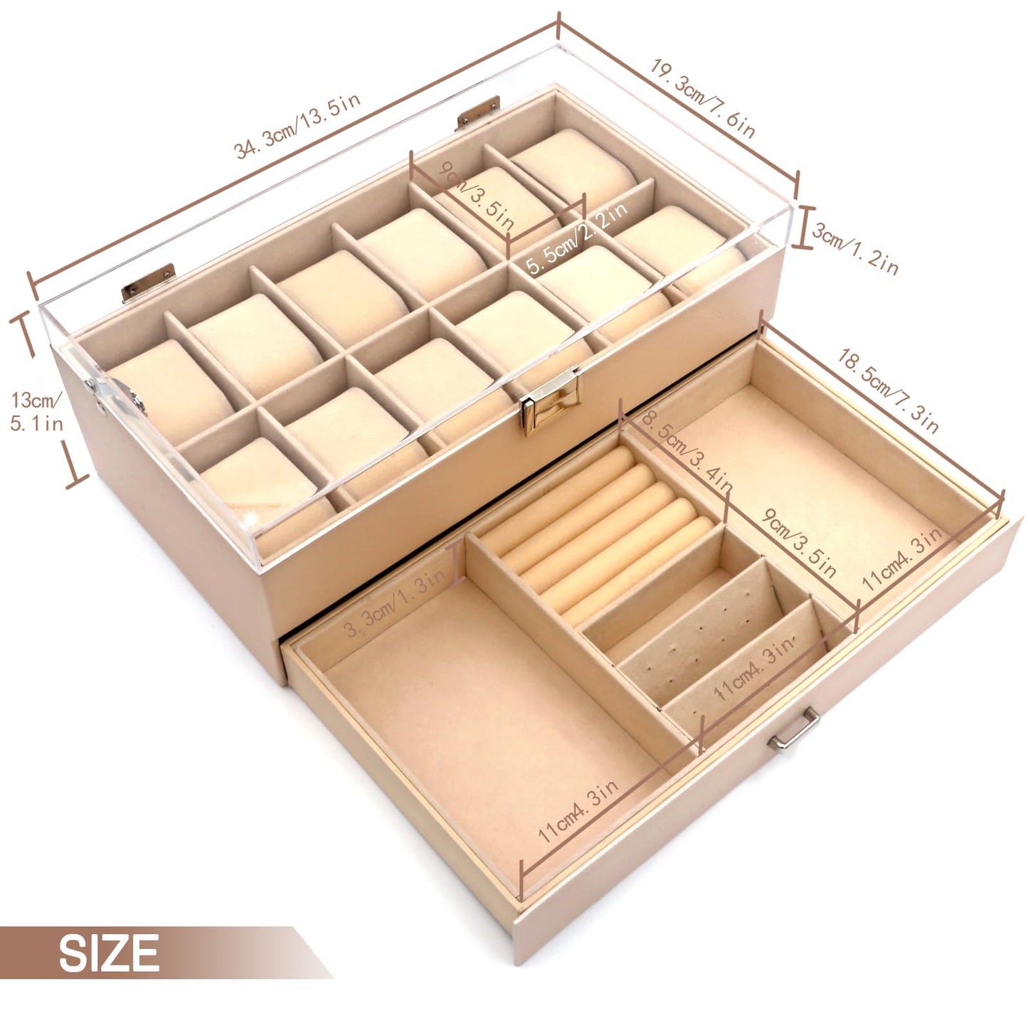 KLOUD City 12-Slot Watch Box with Lockable Drawer Acrylic Display Lid | Velvet Organizer for Luxury Watches, Jewelry & Eyewear (Pink-W3008)