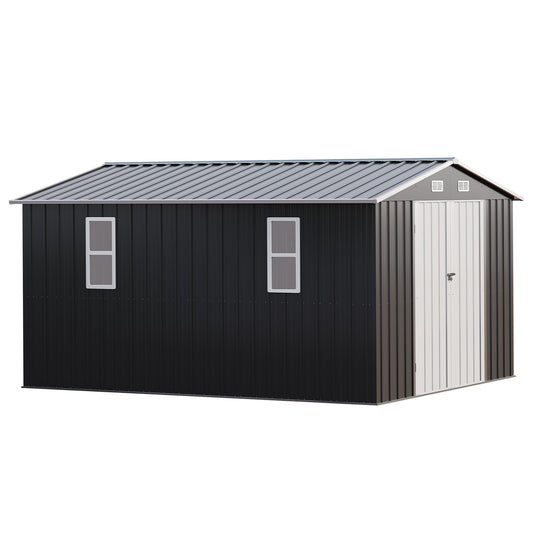 AMERLIFE 10x12x6.6 FT Metal Storage Shed, Outdoor Tool Shed with 2 DIY Windows, Hinged Double Doors and Vents, Reinforced Steel Frame for Backyard, Garden, DIY Workshop, Dark Grey