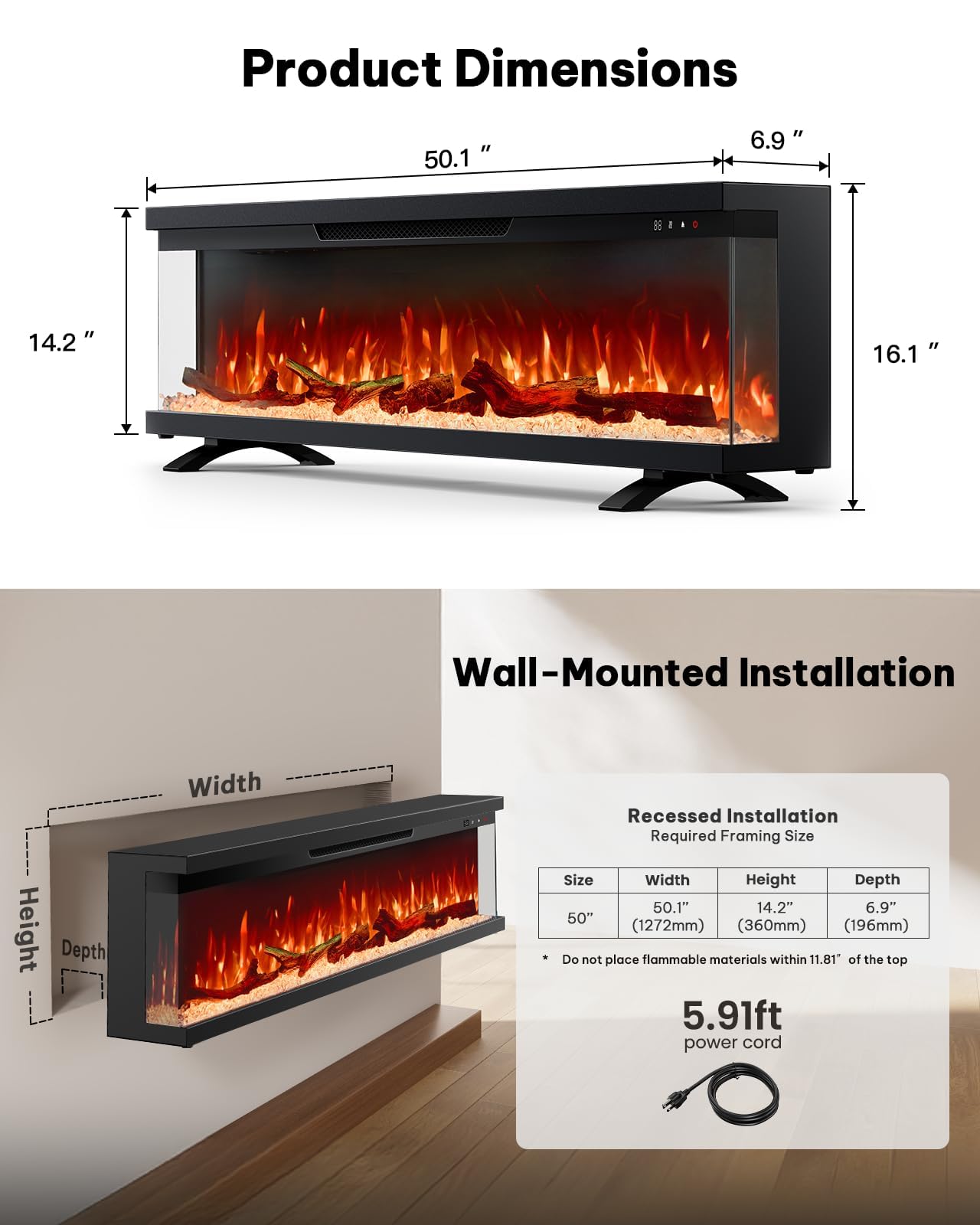 Silonn 3-Sided Smart 50" Electric Fireplace, Alexa & App Control Fireplace with 15 Flame Colors, Electric Fireplace Inserts Logs, 5110 BTU Heat Output, Realistic Flame and Sound