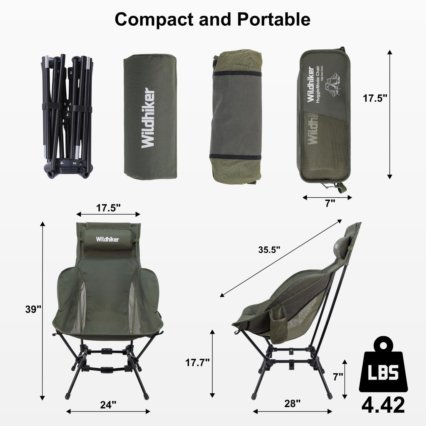 Wildhiker Compact High Back Camping Chair - Foldable with Dual Sitting Modes, Pillow, Arm Pads and Side Pockets - Lightweight Portable Chair for Motorcycle, RV, Festival, Travel - Green