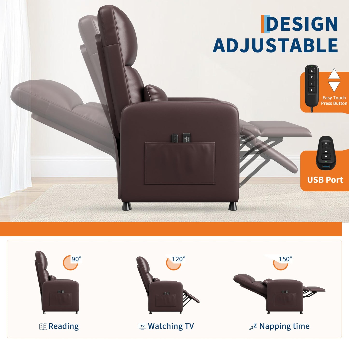 GarveeHome Power Recliner Chair - Heat and Massage, Adjustable Electric Recliner Ergonomic PU Leather Single Sofa, Tall Back, Padded Seat, Home Theater Seating for Living Room