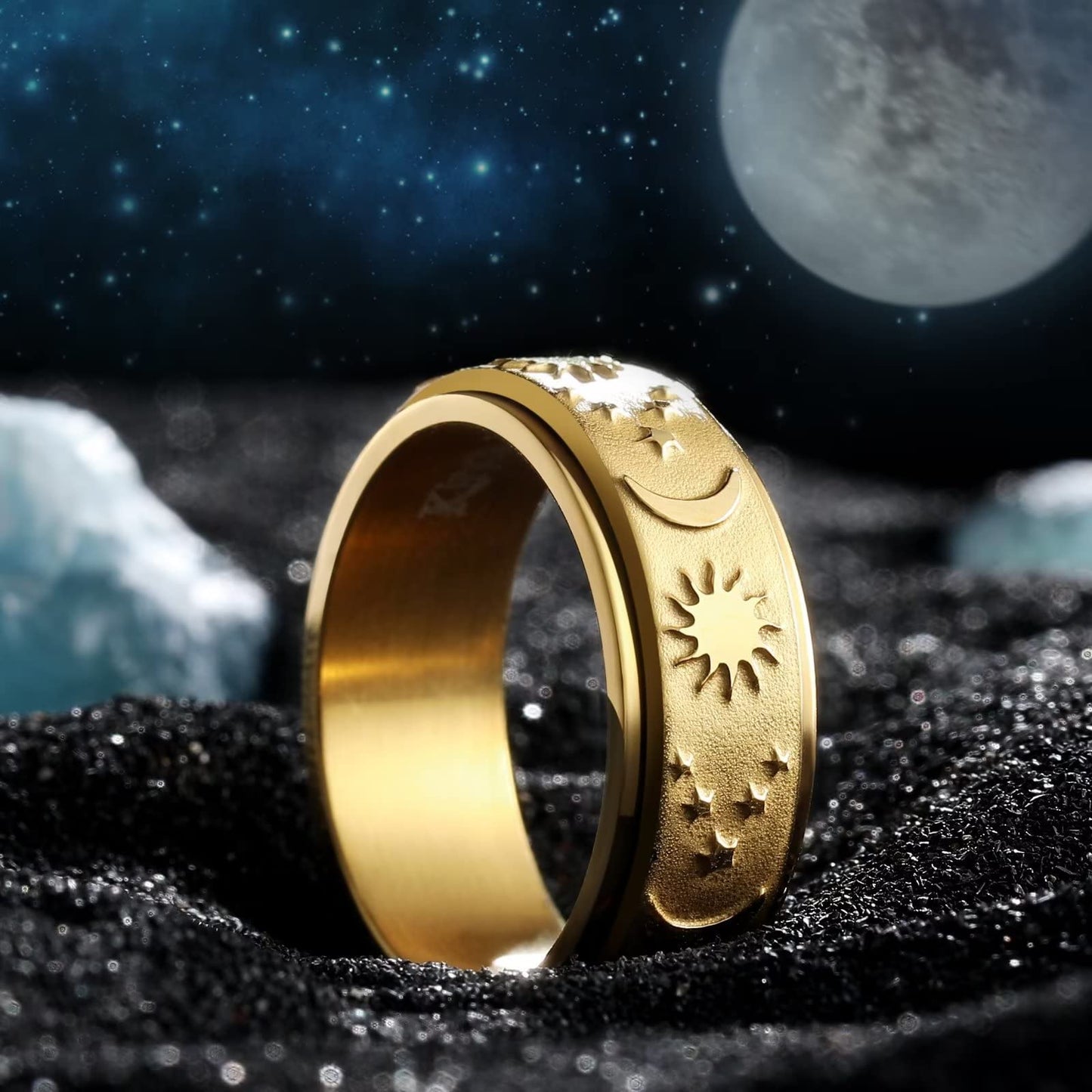 King Will Mens Fidget Ring Old Gold 8mm Stainless Steel Ring Spinner Ring For Men Women Stress Anxiety Relief Rotating Ring Finger Teens Toy Moon Sun Star Comfort Fit For Unisex Adults 7