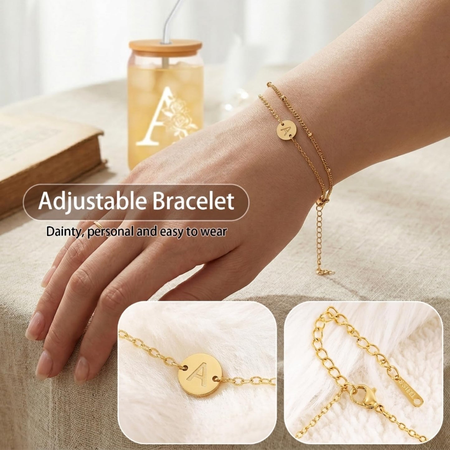 DAMCONME Friendship Gifts for Women, Initial Glass Cup and Bracelet Gift Set, Personalized Ready to Gift Letter Gift for Bestie, Women Friends and Special Occasions