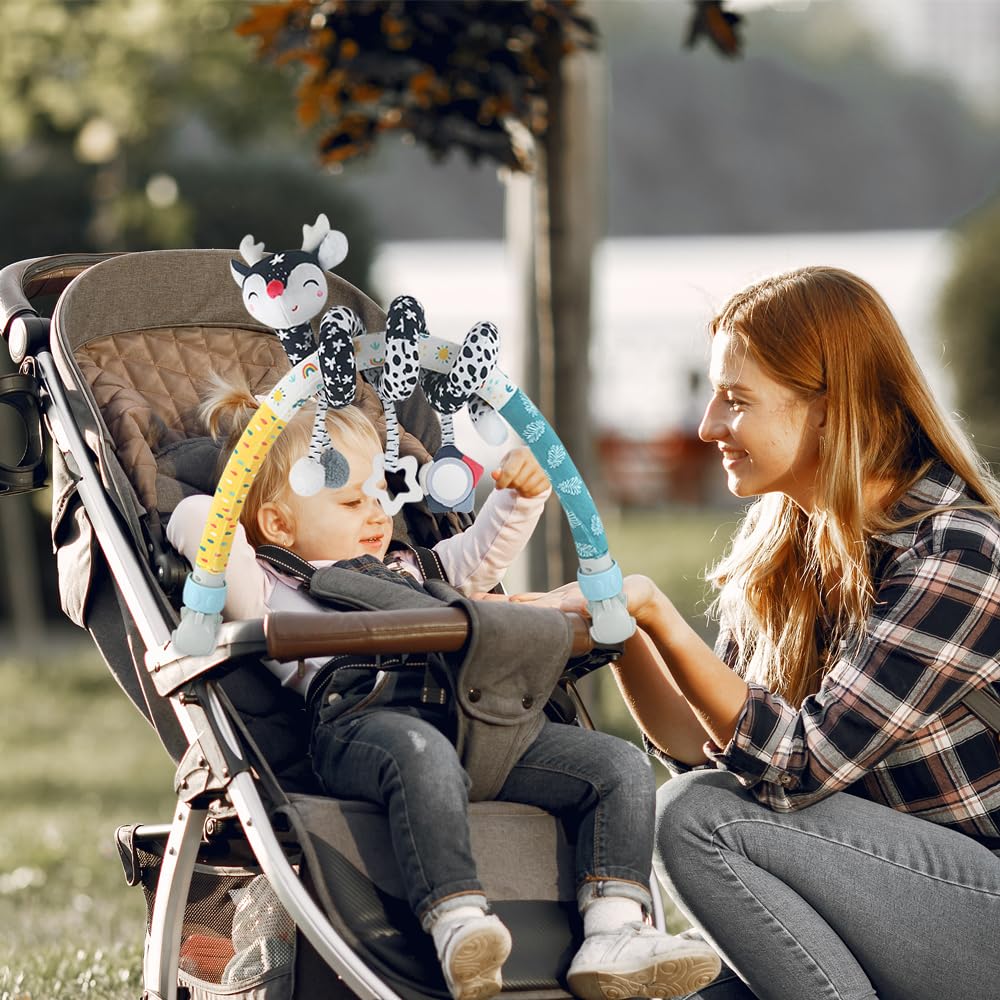 Caterbee Baby Bjorn Bounce Arch Toy bar, Black and White with Stretch & Spiral Hanging Activity Set, Adjustable Clamp for Strollers, Cribs & Car Seats, Includes Rattles, Squeaker & Teether (01)