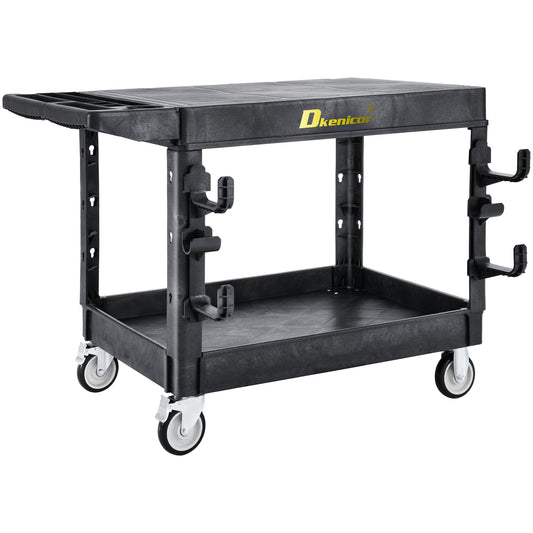 850LBS Large Heavy Duty Plastic Utility Cart, 42.5×25" Flat Top Service Cart With Full Swivel Wheels (2 With Brakes) & 2 Side Tube Holder Hook,2 Tier Work Cart For Office/Garden/Warehouse/Garage Black