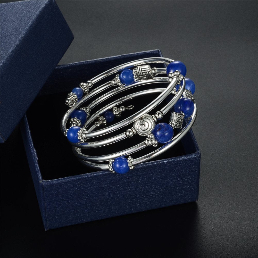 Beaded Pearl Bangle Wrap Bracelet - Fashion Bohemian Jewelry Multilayer Charm Bracelet with Thick Silver Metal Beads, Gift For Women(Blue)