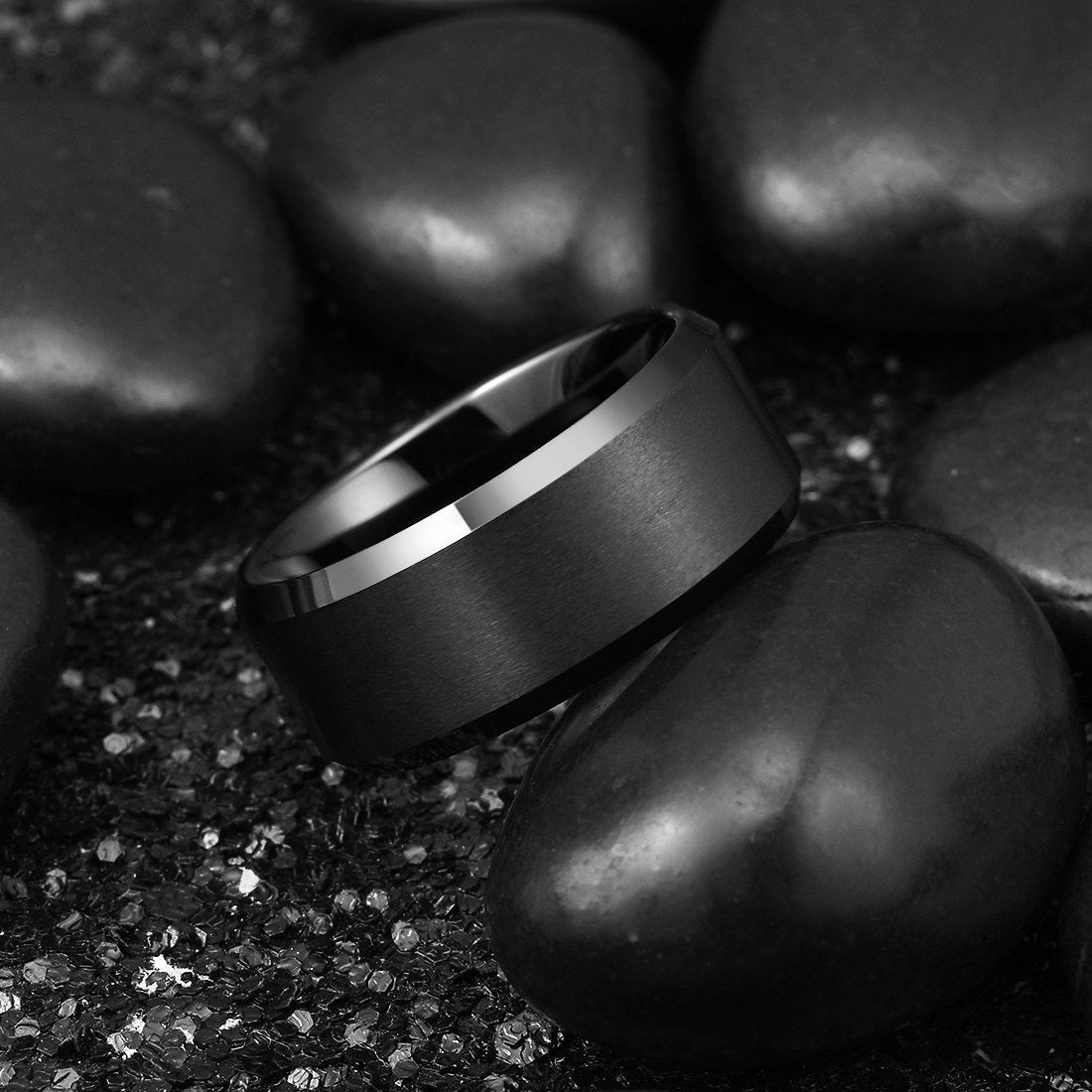 King Will 10mm Men's Black Wedding Ring - Brushed Matte Surface, Beveled Polished Edge, Comfort Fit Size 7