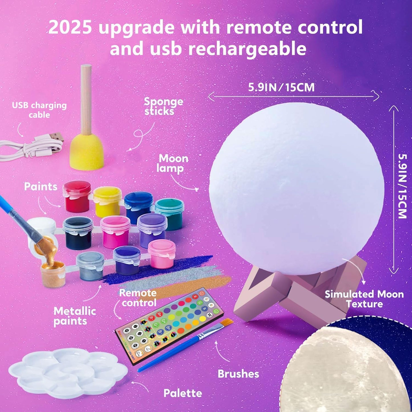 HOLA DIY 3D Moon Night Light, Paint Your Own Moon Lamp Kit, Arts Supplies and Crafts Kit, Ages 6 7 8 9 10 11 12 13 Year Old Girls Boys Kids Birthday Gifts