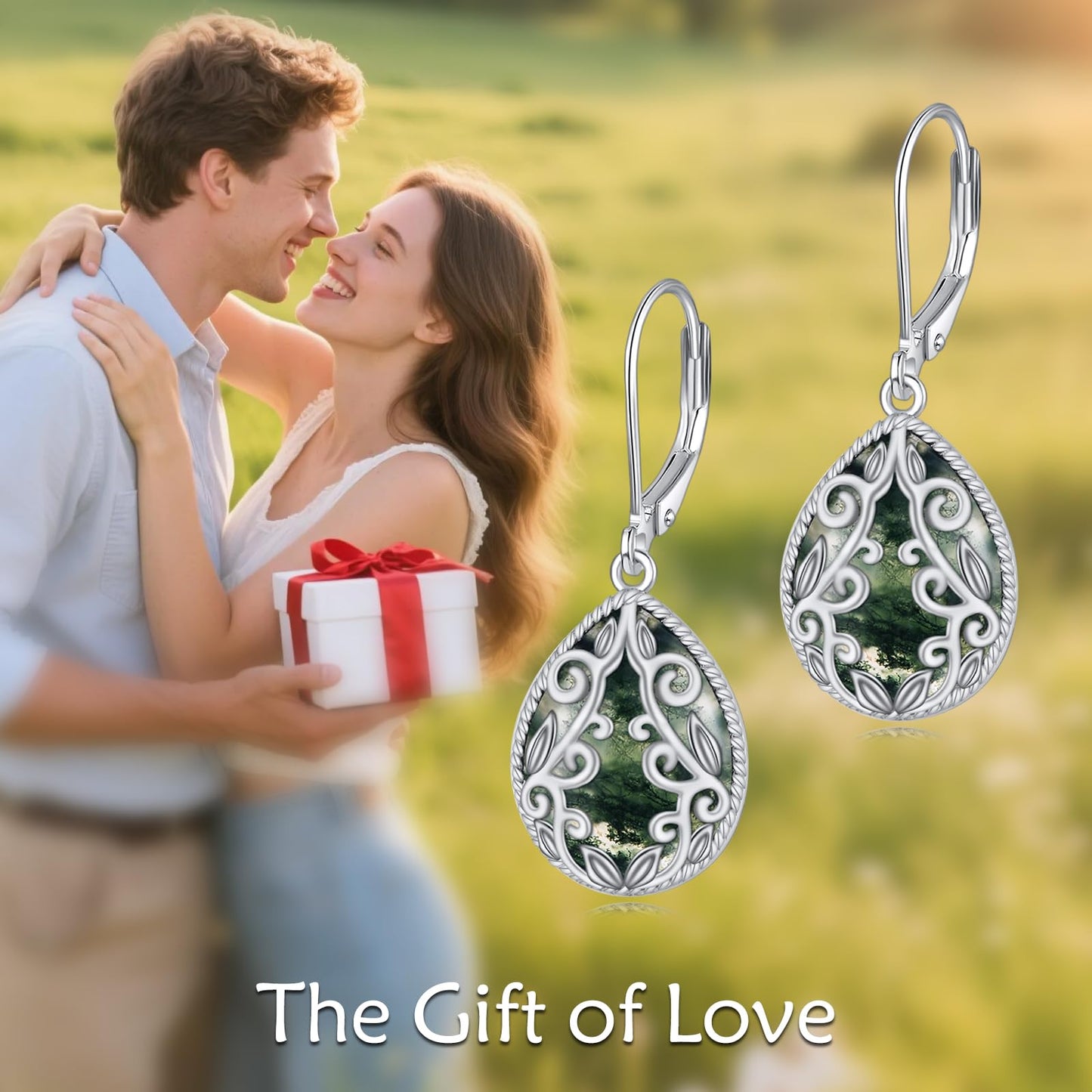 Moss Agate Earrings for Women 925 Sterling Silver Filigree Teardrop Dangle Leverback Earring Birthday Jewelry Gifts for Women