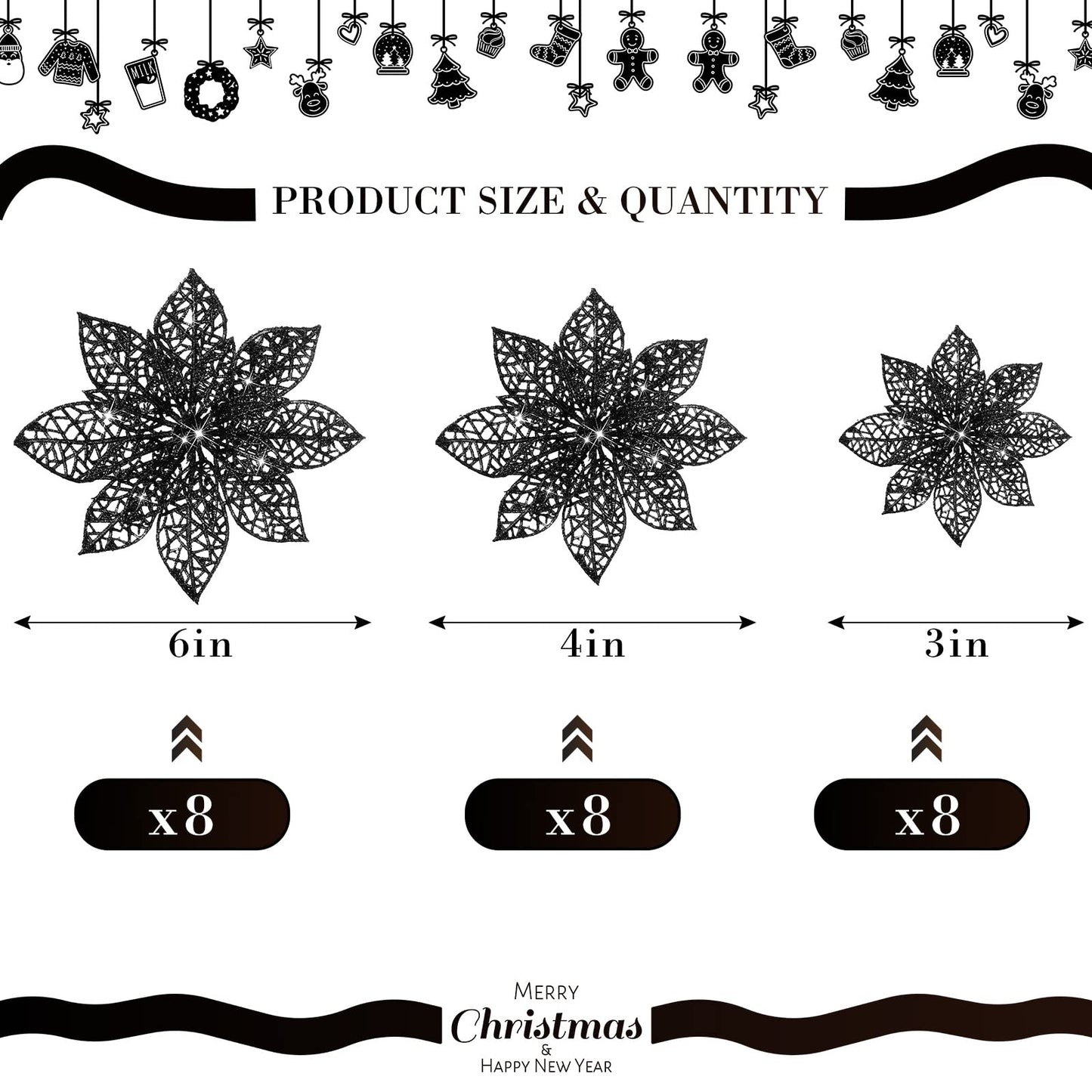 Boao Red,Silver 24 Pieces Poinsettia Flower Christmas Glitter Artificial Poinsettia with Clips Christmas Tree Ornament Decorations for DIY Xmas Wreath Holiday Home Party Decor, 3/4/6 Inches