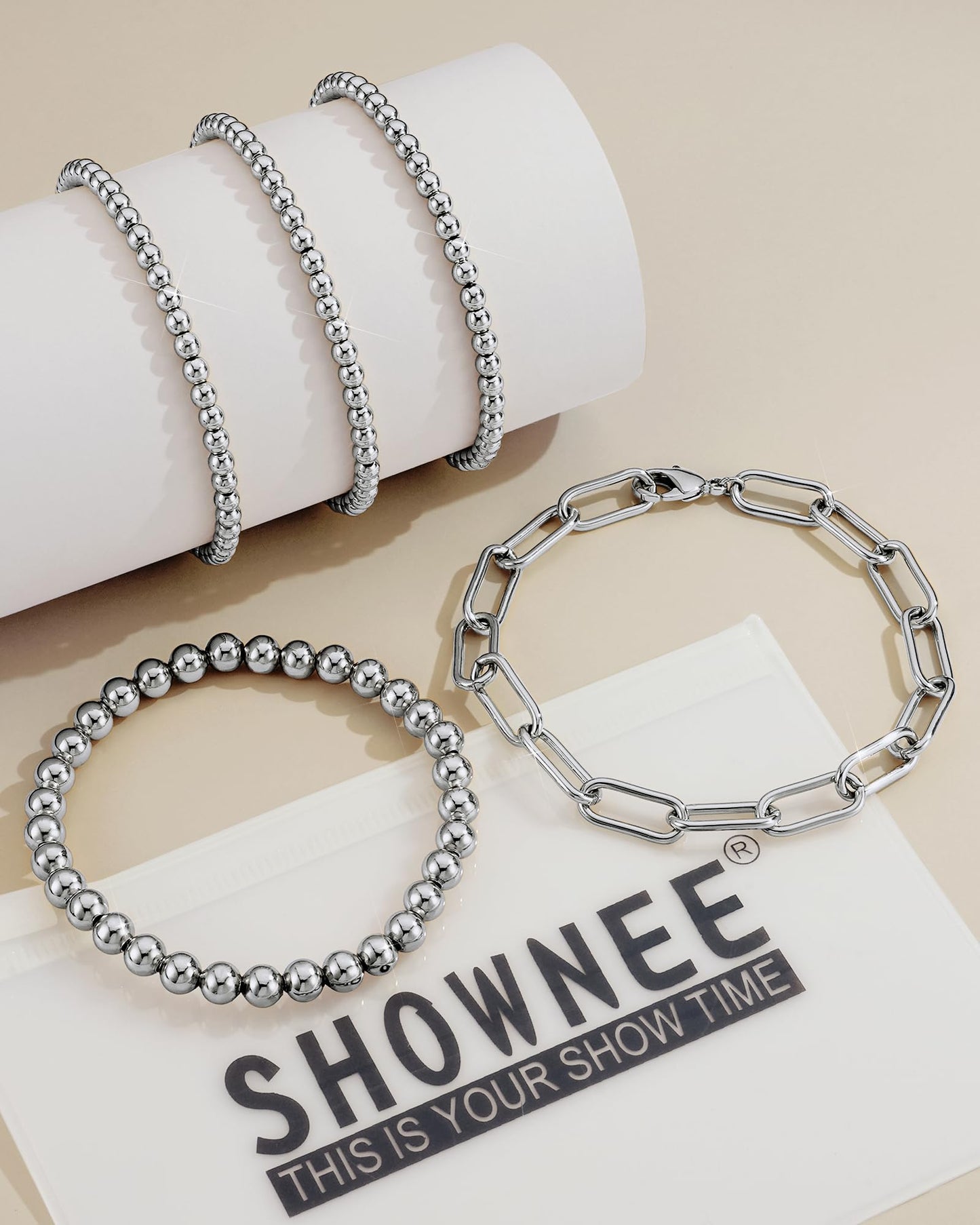 shownee Sliver Beaded Bracelet for Women 14K Gold Plated Bracelets Gold Stretch Bead Ball Bracelet Hypoallergenic Stackable Bracelet Set 6.8 inch Graduation Gift for Her Mothers Day Gifts for Mom
