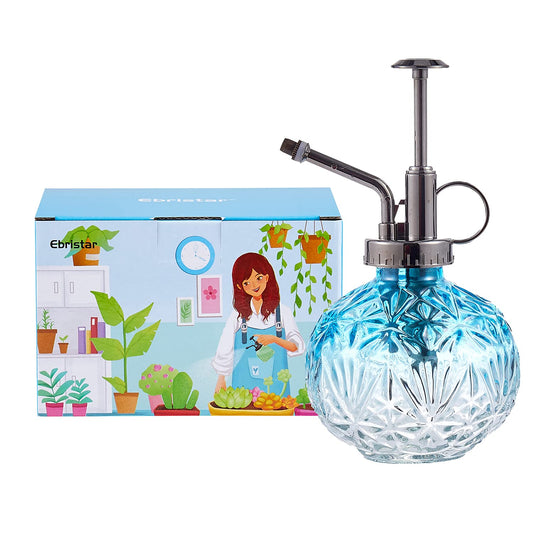 Ebristar Glass Plant Mister Water Spray Bottle, Succulent Watering Bottle with Plastic Top Pump, Vintage Style Plant Sprayer, Small Watering Can for Indoor Outdoor House Plants - Blue
