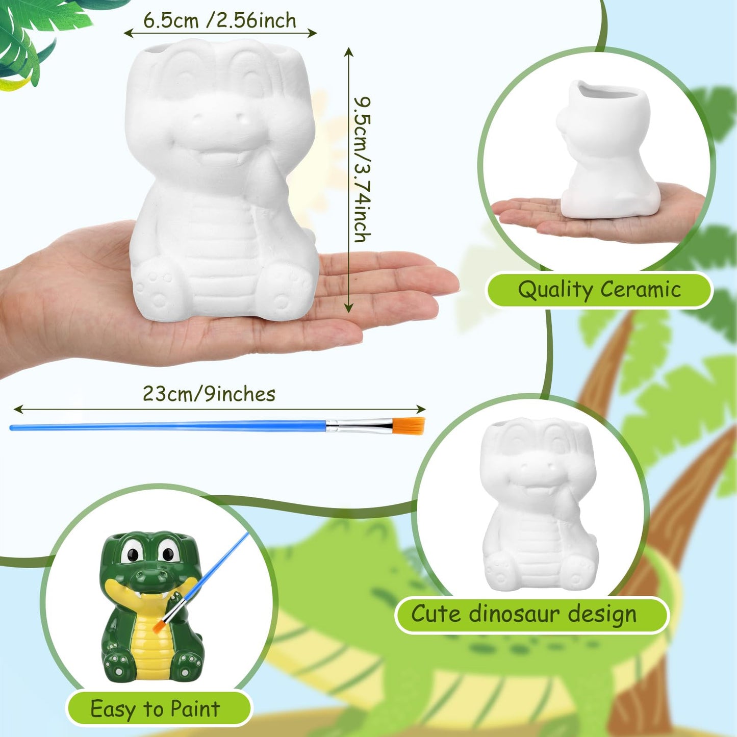 Pasimy 6 Set Ceramics to Paint DIY Ceramic Succulent Planter Pots Paint Your Own Flower Pots Craft Kit Unpainted Bisque Flowerpot with Brush Palette for Family Activity Holiday Gifts (Cute Dinosaur)