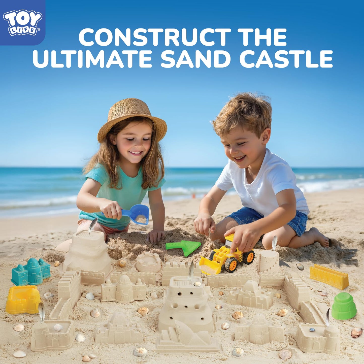 TOY Life 22 Pcs Dinosaur Beach Toys for Kids Ages 4-8 Collapsible Sand Toys with Construction Cars Silicone Bucket Shovels & Sand Castle Building Kit Molds, Sandbox Toy for Summer, Travel, Fishing