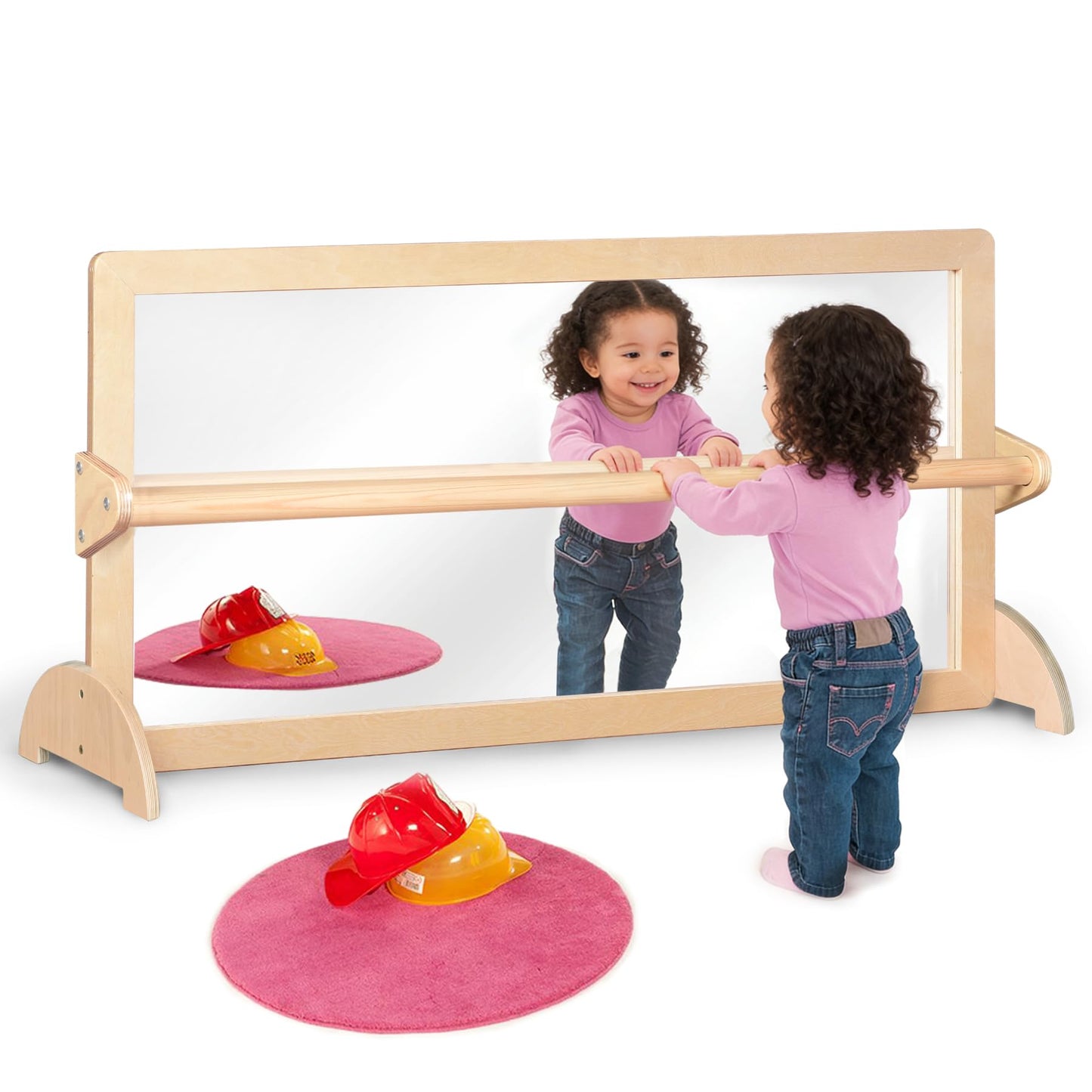KRAND 3-Position Montessori Wood Frame Non-Shatter Safety Pull Up Bar Baby Big Mirror Set, Infant Coordination Mirror, Kids Classroom Furniture for Daycare, Homeschool or Preschool
