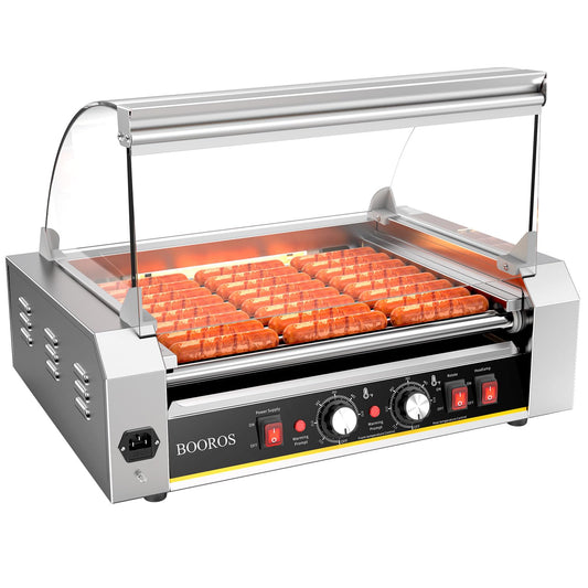 BOOROS Hot Dog Roller Grill 9 Roller Sausage Grill Cooker Machine with Heating Lamps &Tempered Glass, Dual Temp Control,304 Stainless Steel Rollers, 24 Hot Dogs Capacity,Commercial & Home Use,1400W