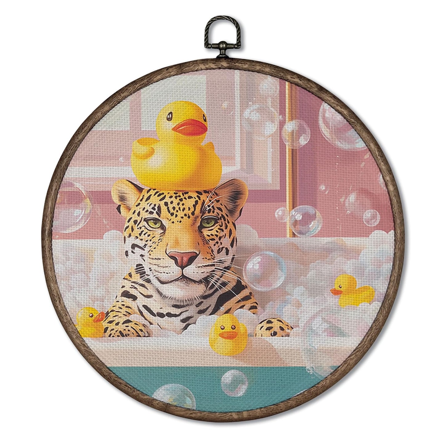 Giosve Funny Leopard Bathroom Round Wall Art Canvas Framed Poster, Retro Trendy Whimsical Cheetah in Bathtub Hanging Wall Sculptures for Bathroom Washroom Restroom Decor, 10x10 Inch YH546-YGH01