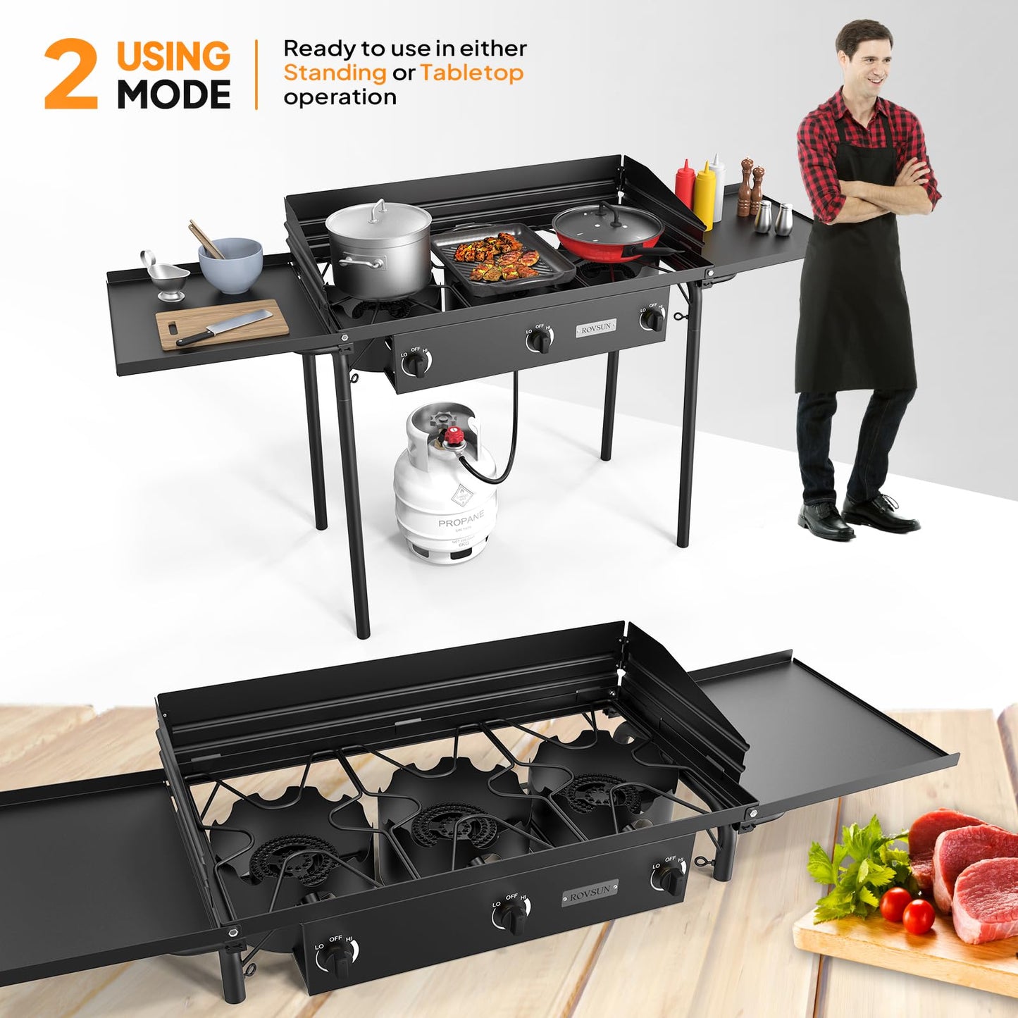 ROVSUN 3 Burner Gas Stove with 2 Side Shelves, 225,000BTU Portable Propane Stove with Removable Leg, Wind Panel, Regulator for Camping Home Backyard Outdoor Cooking Brewing Canning Turkey Frying