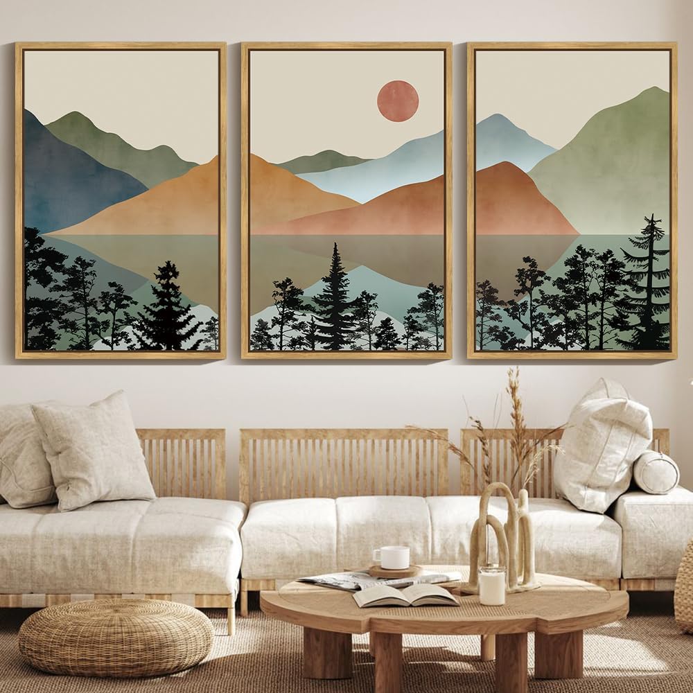 KUVIOKE Landscape Mountain Wall Art 24x 36in Large Set Lake Sunrise Pine Tree Forest Nature Scenry Wilderness Farmhouse Rustic Modern Art Decorative for Living Room Bedroom (Natural Framed)
