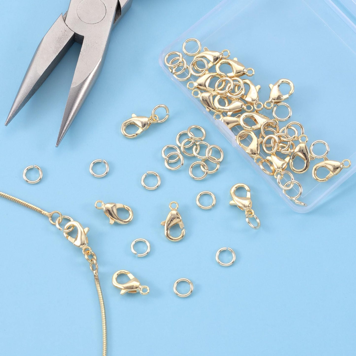 BEIQIYA 30pcs Lobster Claw Clasps & Jump Rings, 14K Gold Plated Metal Lobster Clasps, Jump Rings Jewelry Finding Kit for Necklace Bracelet Jewelry Making