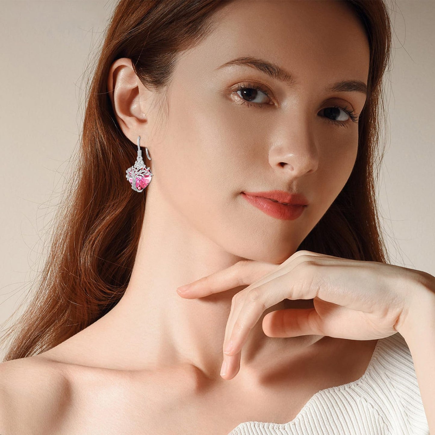 TOUPOP Heart Pink Tourmaline Earrings Sterling Silver Tree of Life Earrings October Birthstone Jewelry Birthday Mothers Day Gifts for Women Mom Her