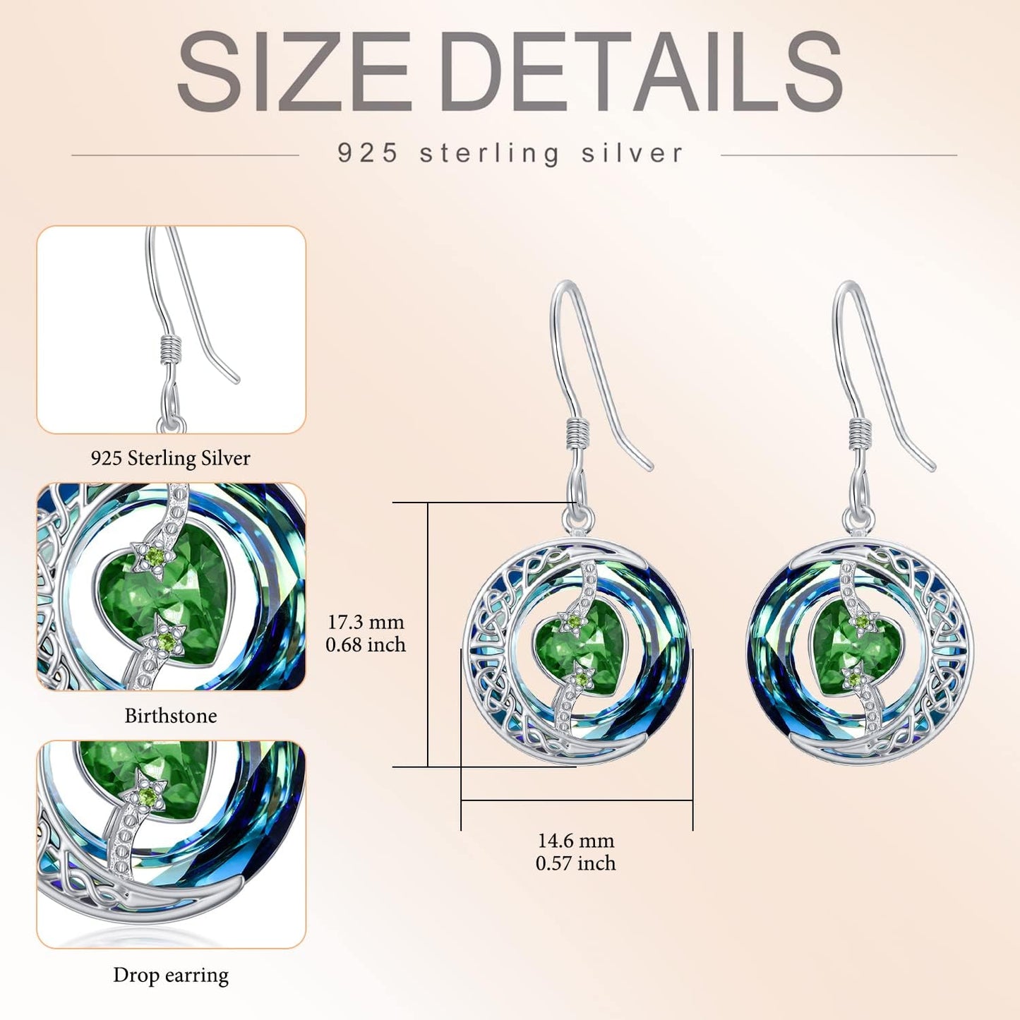 TOUPOP Emerald Earrings May Birthstone Earrings Sterling Silver Moon and Star Drop Dangle Earring Jewelry Blue Crystal Birthday Mothers Day Gifts for Women Mom Her
