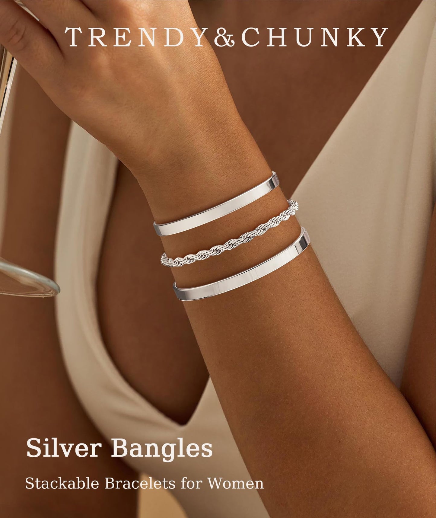 ZOERAY Silver Gold Bangle Bracelets for Women Non Tarnish 14k Gold Plated Stackable Cuff Bracelets for Women Trendy Cubic Zirconia Stainless Steel Chunky Bracelet Stack Set Waterproof Jewelry Gifts