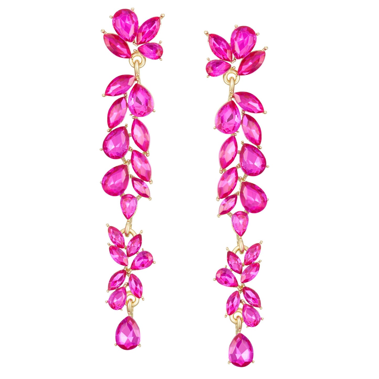 SWEETV Long Hot Pink Rhinestone Dangle Earrings for Women, Wedding Bridal Earrings for Brides, Crystal Chandelier Drop Earrings for Prom or Pageant
