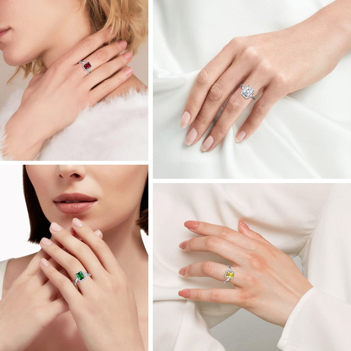 Bestyle Square May Emerald Birthstone Rings Embellished with White Cubic Zirconia Minimalist Sterling Silver Open Band Gemstone Rings for Birthday/Christmas/Party/Anniversary/Wedding