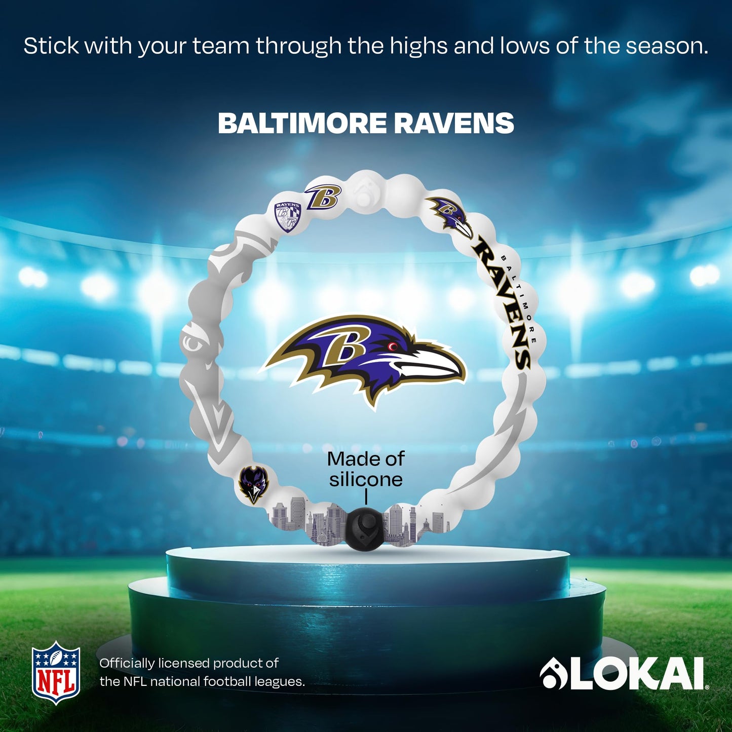 Lokai NFL Football Collection Silicone Beaded Bracelet, Baltimore Ravens Home Field (Medium) - Beaded Bracelet for Women & Men, Silicone Jewelry Bracelet Slides-On for Comfortable Fit