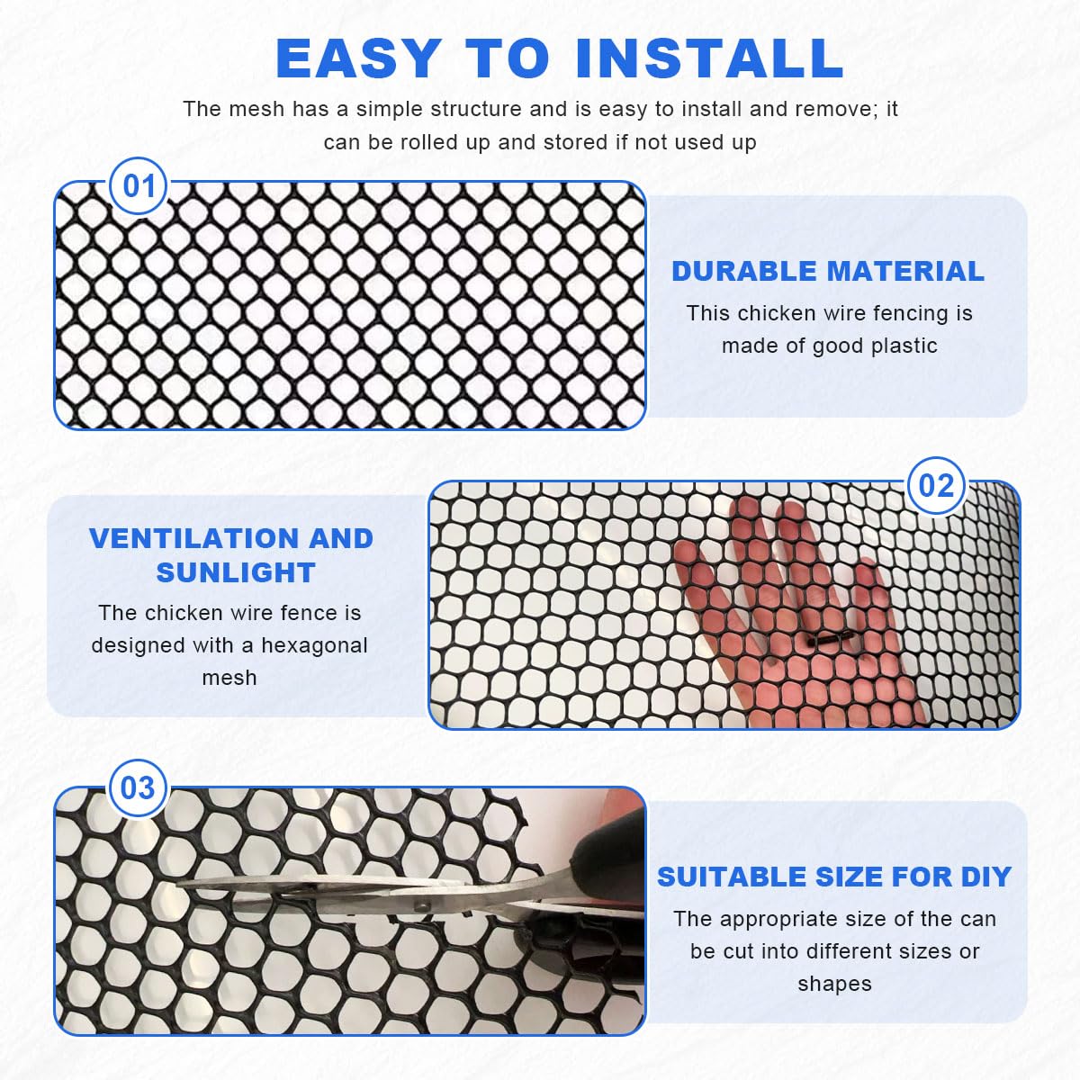 Black Plastic Mesh Netting for Balcony & Deck - 15.7inx32.8ft Pet Safety Fence Guard for Cats & Dogs, Garden Fencing & Poultry Chicken Wire Roll, Easy Cut Animal Barrier with Zip Ties