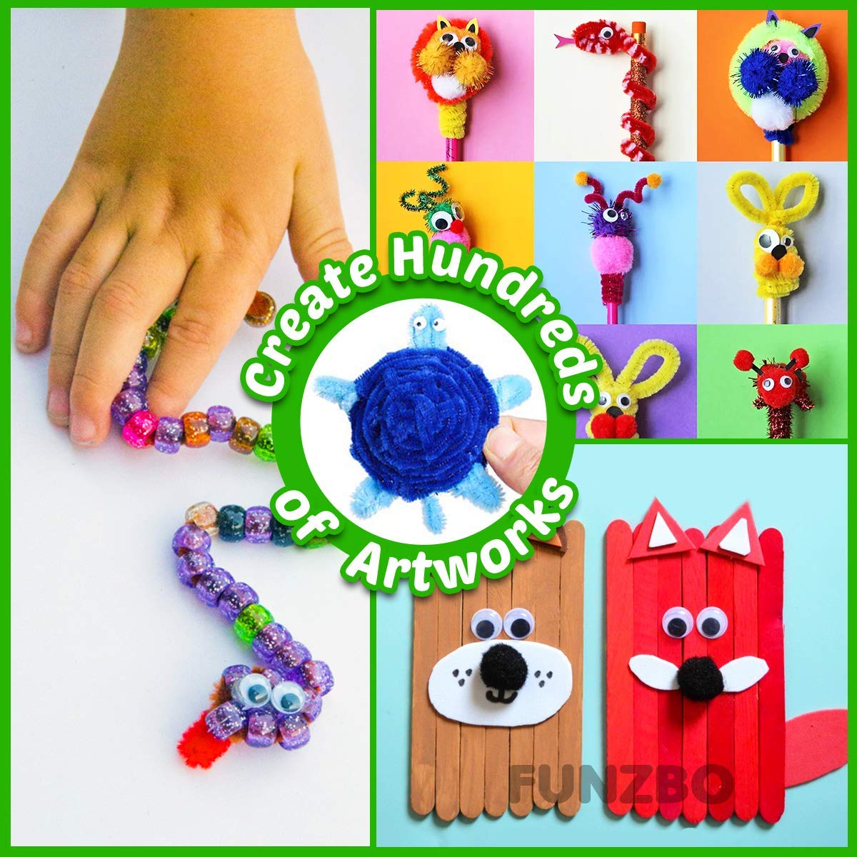 FUNZBO 1200pcs+ Craft Kits with Pipe Cleaners, Pom Poms for Crafts, Popsicle Sticks for Craft, Arts & Crafts Supplies for Kids Ages 4-8 Girls & Boys Birathday Gifts