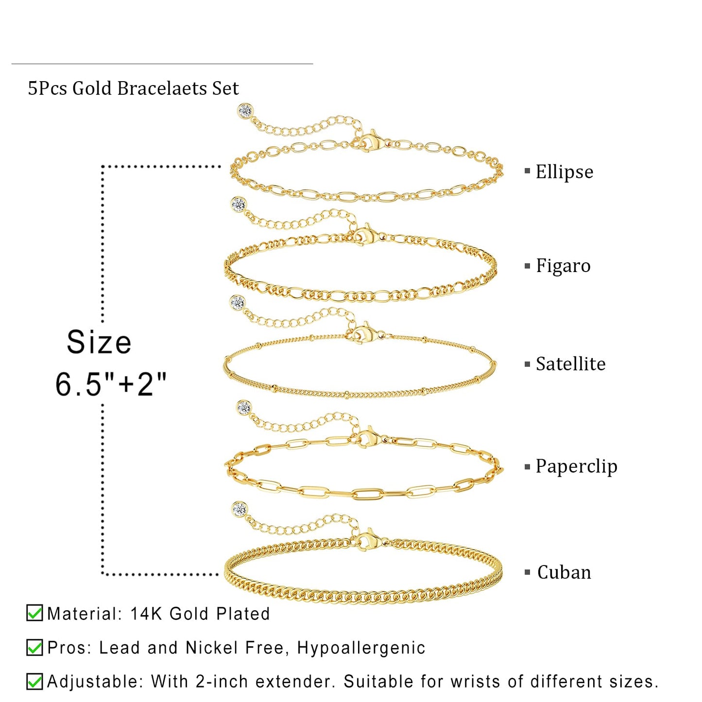 DEARMAY 14K Gold Plated Bracelets for Women, Jewelry Sets Trendy Dainty Stackable Paperclip Rope Snake Box Figaro Chain Bracelets Pack Costume Fashion Gifts
