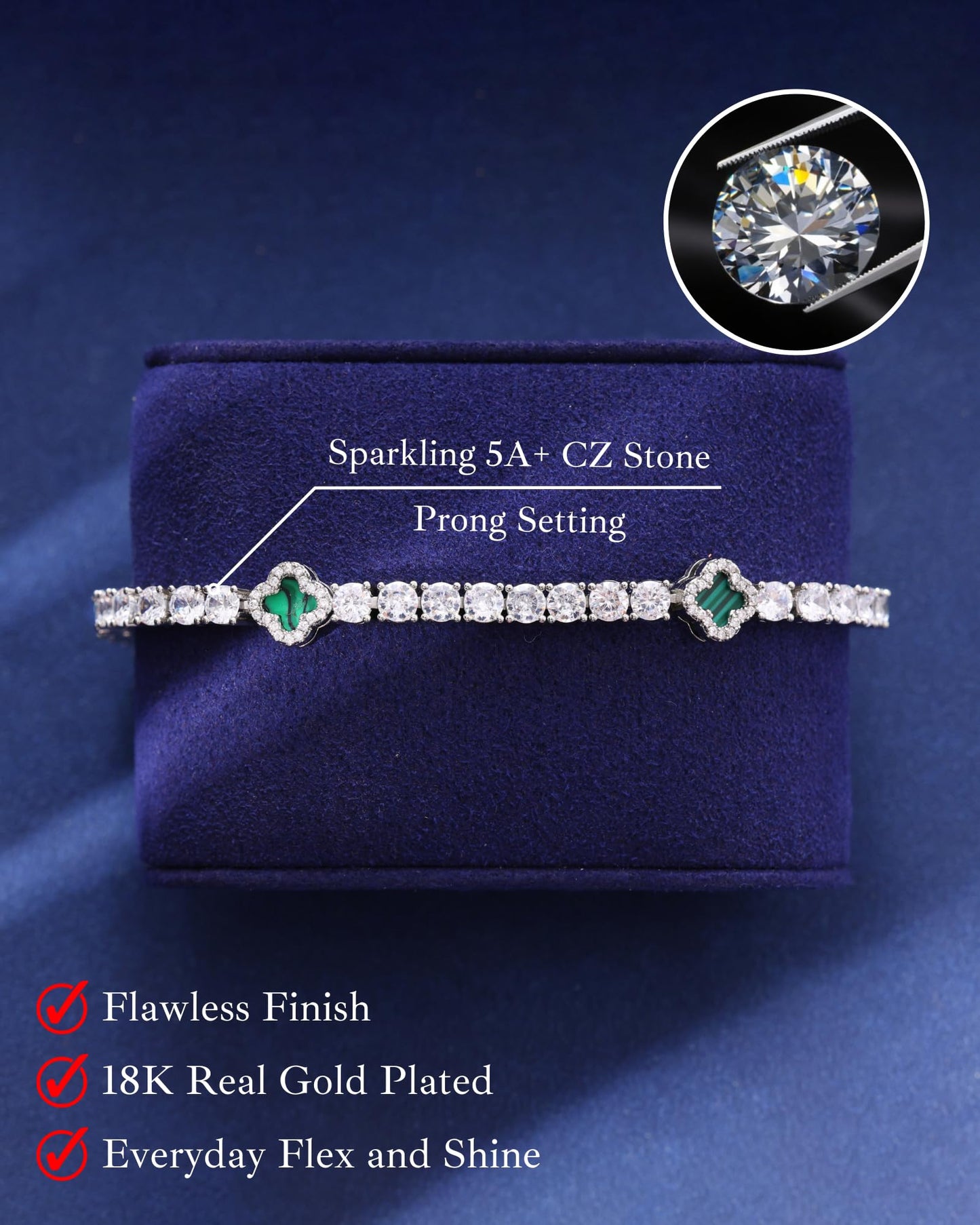 LuxeFlex 4mm Iced Out Clover Tennis Bracelet, White Gold Plated with 5A Zircon Stones, Handmade exquisite Hip Hop Jewelry, Perfect Unisex Gift (White Gold-Green,7)