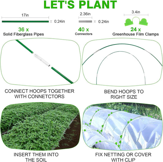 Garden Hoops for Raised Beds Row Cover, 36pcs 8ft Greenhouse Garden Grow Tunnel Netting Hoops, Greenhouse Support Hoops Garden Bed Hoops, Flexible Fiberglass DIY Hoops for Outdoor Plant, 24pcs Clips