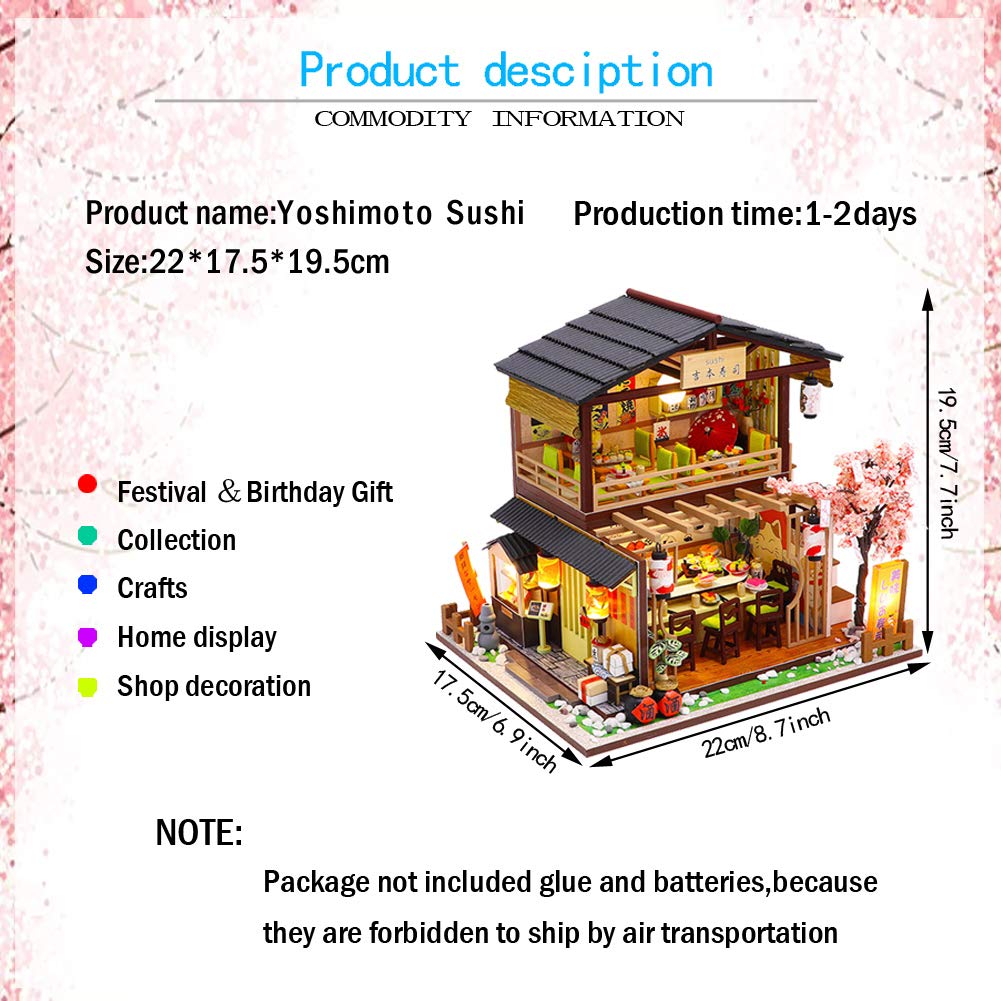 SYW DIY Miniature Dollhouse Kit with Furniture and LED Light，Japanese Sushi Shop Wooden Dollhouse, 1:24 Scale Creative Doll House Toys for Teen