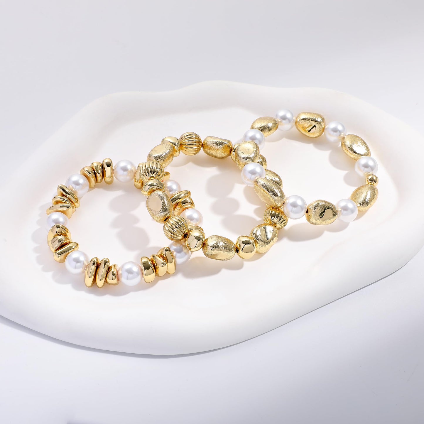 Sajidos Gold Plated Beaded Bracelets for Women Trendy, 14K Gold Plated Stack Cross Pearl Gold Plated Bead Stretch Bracelets Set Elastic Hypoallergenic Bracelets Jewelry Gifts (style13-pearl 3pcs)