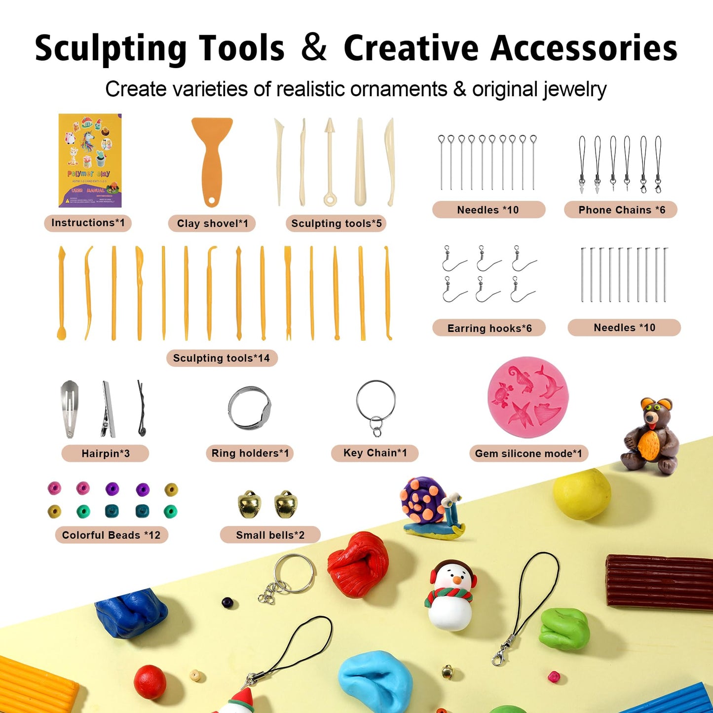 Aestd-ST Polymer Clay 60 Colors, Modeling Clays for Kids DIY Starter Kits, Oven Baked Model Clay, Non-Sticky,with Sculpting Tools, Holiday Gift for Children and Artists.