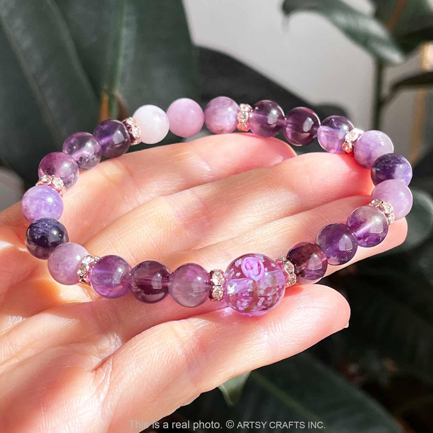ARTSY Crafts Glow in The Dark Firefly Beads Bracelet, Handmade in USA, Luminous Murano Glass Beads Jewelry Mermaid Crystals Inspirational Gift (Amethyst - Stretch)