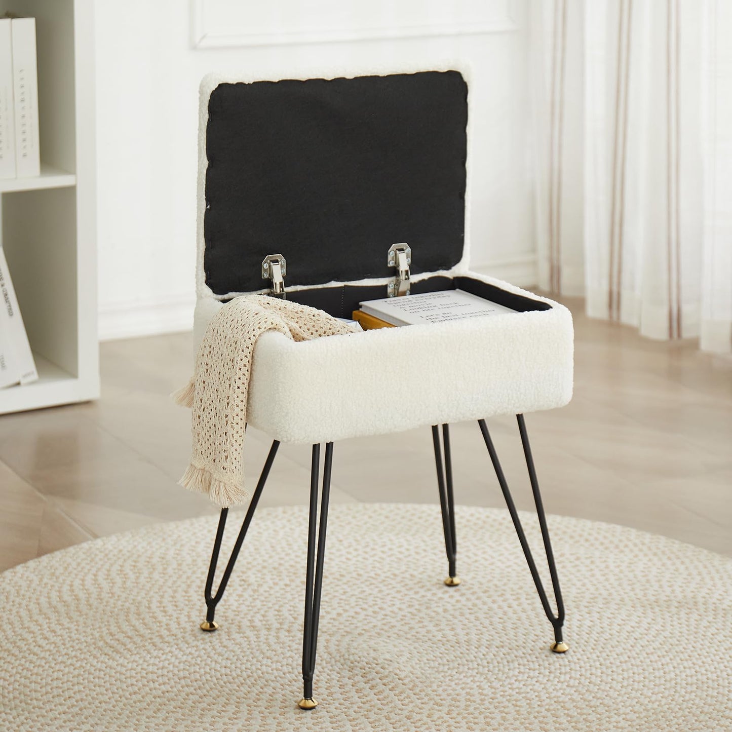 Leesingdo Vanity Stool Chair, Faux Teddy Fur Ottoman Foot Stool with Metal Legs & Adjustable Black Feet, Flip Top Storage Makeup Chair with Soft Padded Seat, Foot Rest for Makeup Room Bedroom, White
