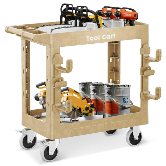 Utility Cart on Wheels, 850Lbs Heavy Duty Plastic Rolling Cart with Upgraded Side Tube Holder Hooks&Full Swivel Wheel, 34 x 17 Inch Deep Shelve 2 Tier Service Cart for Warehouse/Garage/Cleaning, Wood